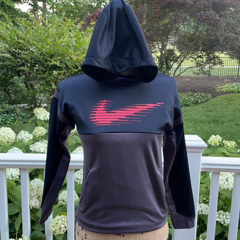 Boys black and gray Nike hoodie with red Nike.